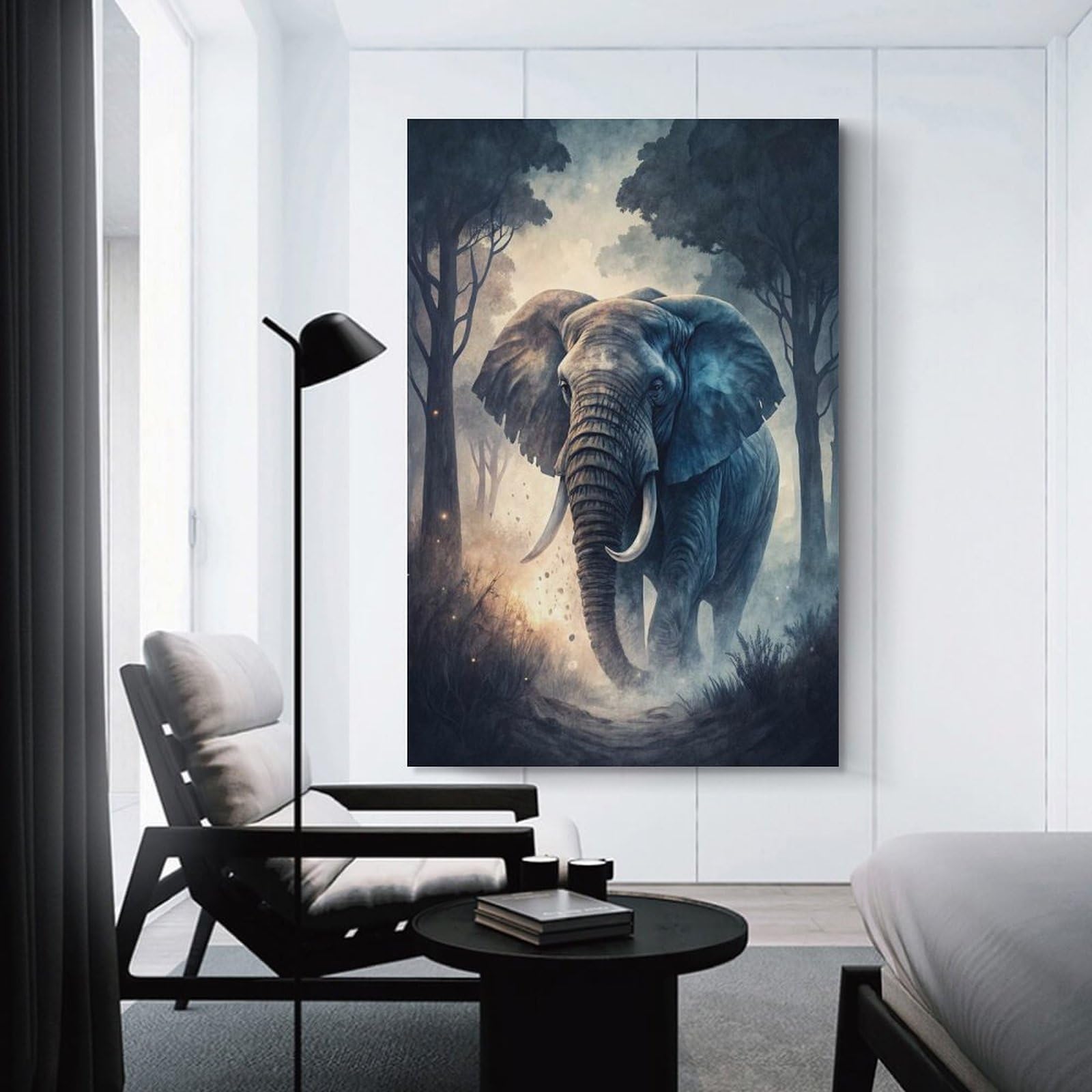 Junmoney Elephant in A Misty Forest Canvas Art Print 08x12inch(20x30cm), for Feature Walls in Flats Or Modern Rooms, Ideal for Building A Coordinated Art Wall