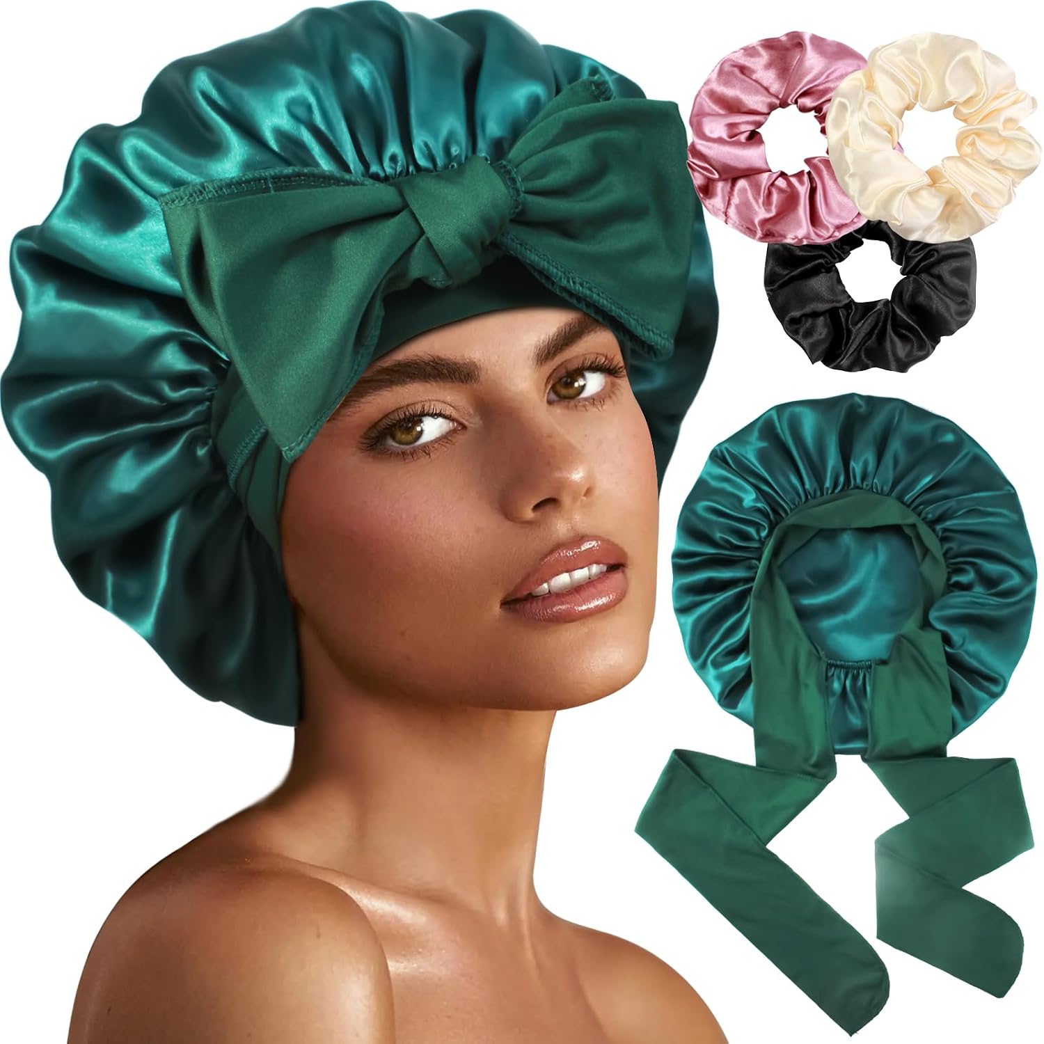 1+3 Large Satin Bonnets with Scrunchies for Women, Double Layer Hair Bonnet Tie Bonnet for Sleeping Braids Curly Hair