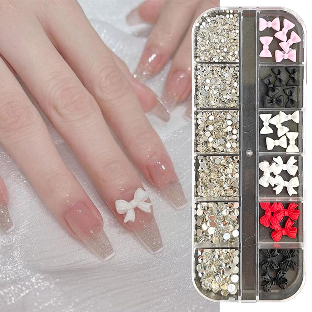 S.A.V.I 3D Bow Nail Art Decoration Kit with Glass Rhinestones – Mixed Colors & Sizes | Flatback White, Red, Black Bows & Clear Crystals | DIY Nail Art, Manicure, Salon Accessories for Stunning Nails-image-7