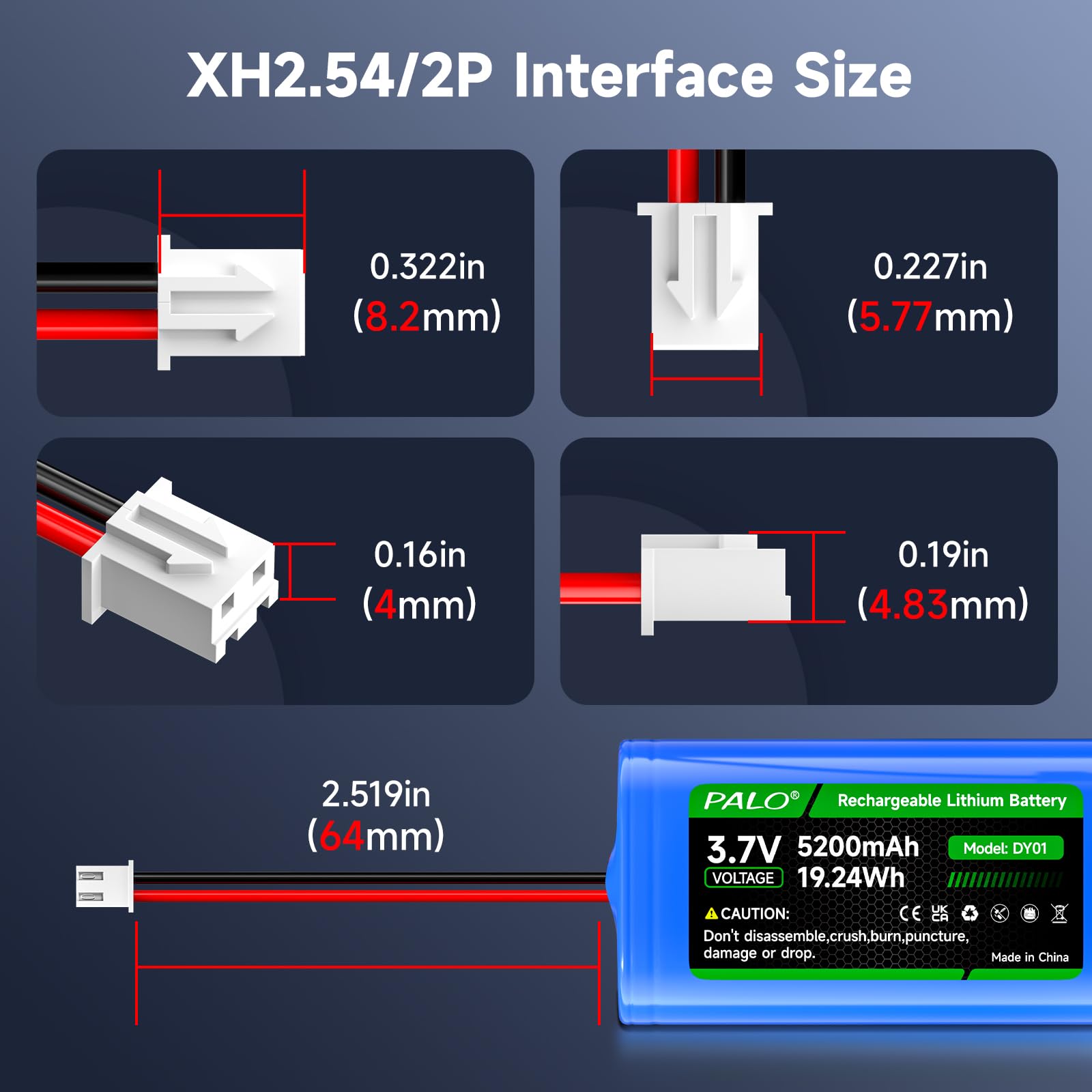 3.7V 5200mAh XH2.54/2P Batteria Connettore, Batterie Litio Riutilizzabili 2 Pezzi per Auto Giocattolo RC, Telecamera Wireless Solare, Altoparlante Wireless, Luce a Led Esterna