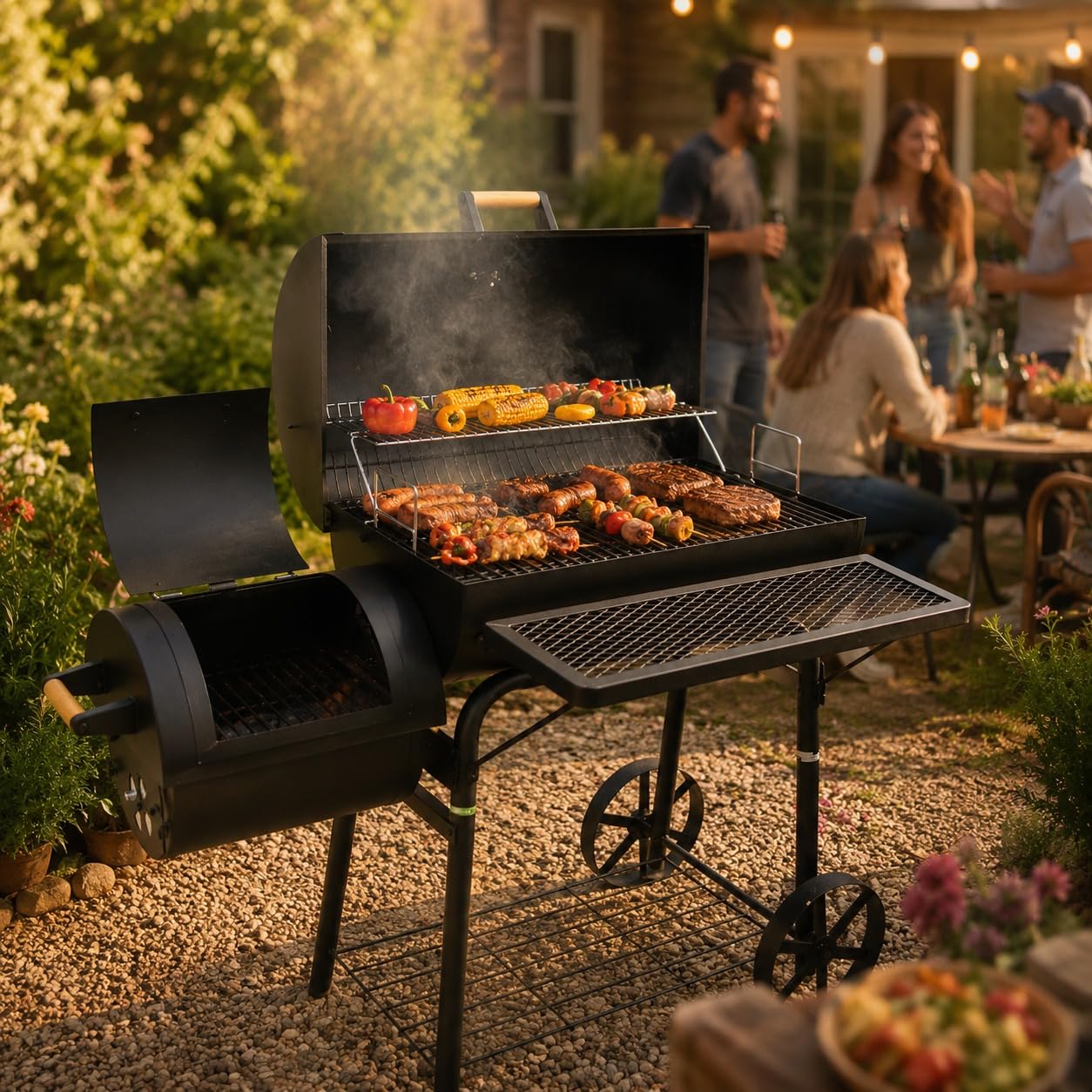 30 Kg Smoker Grill mit Abdeckhaube XL BBQ Smoker GRILLWAGEN Holzkohle Grillkamin Standgrill Räucherofen Zubehör Holzkohlegrill Schwarz Räuchergrill mit Thermometer & Rädern Deckelthermometer