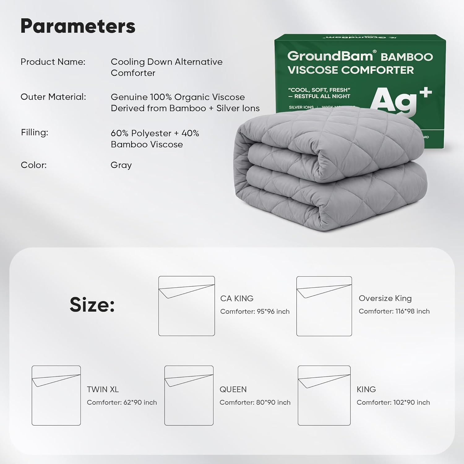 Cooling All-Season Down Alternative Comforter, Silver-Treated Lightweight Duvet Insert, Cool-to-The-Touch Bamboo Comforter, 100% Bamboo Viscose Outer Cover - Gray, King