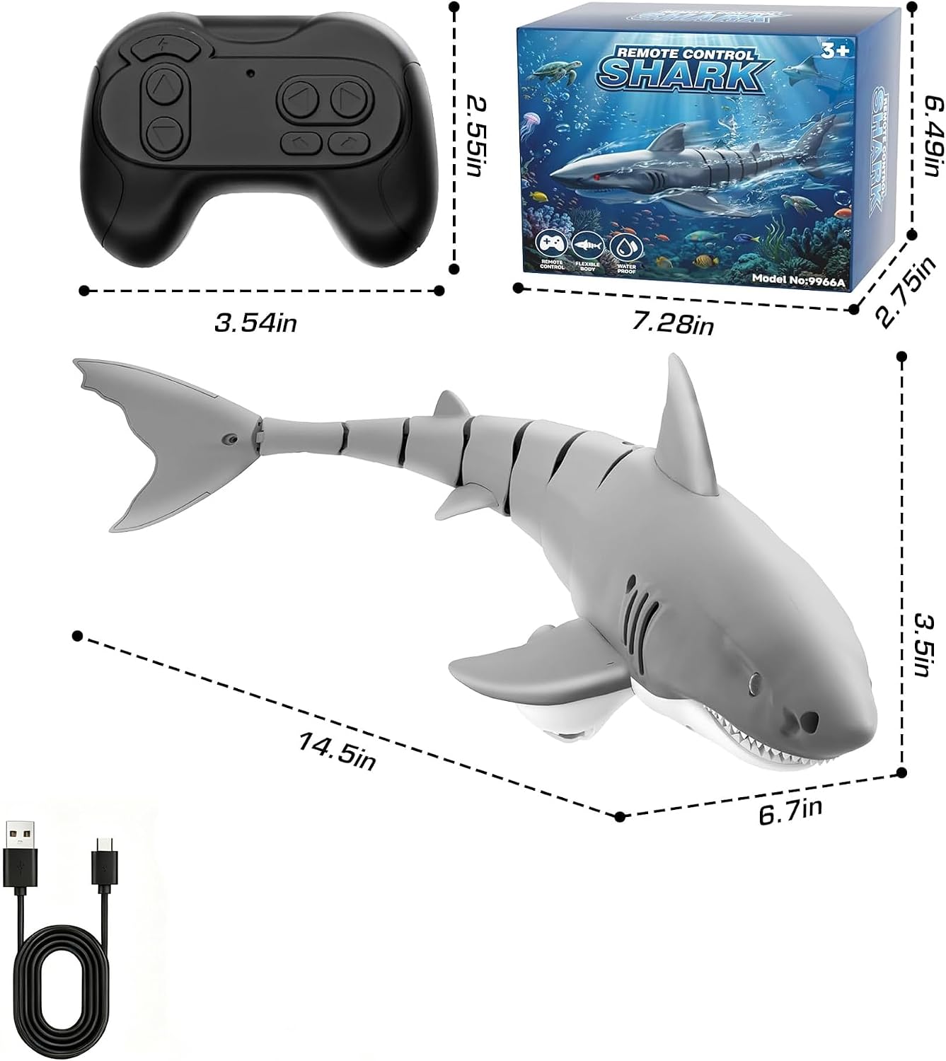 Remote Control Shark Toys for Kids, 1:18 Scale High Simulation Shark for Pool, 2.4Ghz Electric RC Shark Boat Fish Toys with Light & USB Rechargeable, Pool Toys Gift for Boys Girls 6 7 8 9 Year Olds