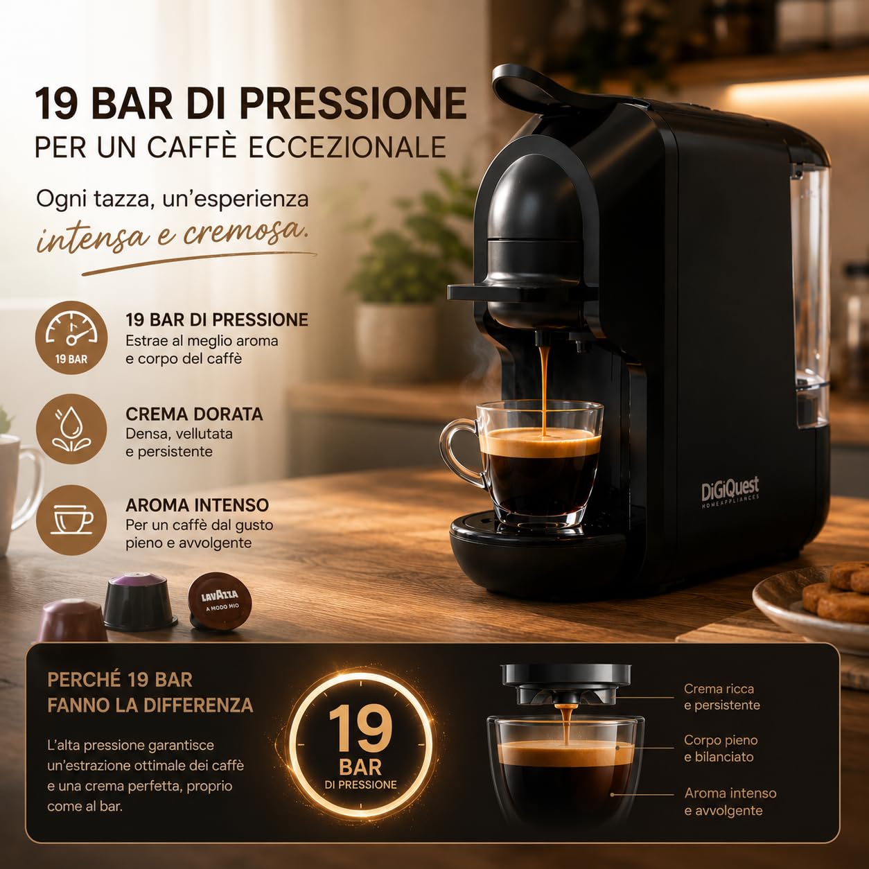 DIGIQUEST Macchina da caffè COFFY BLACK 3in1 compatibile con cialda, capsule Nespresso® e Lavazza® A Modo Mio® | Caffè corto e lungo | Potenza 1450 W | 0,6 Litri | 19 Bar