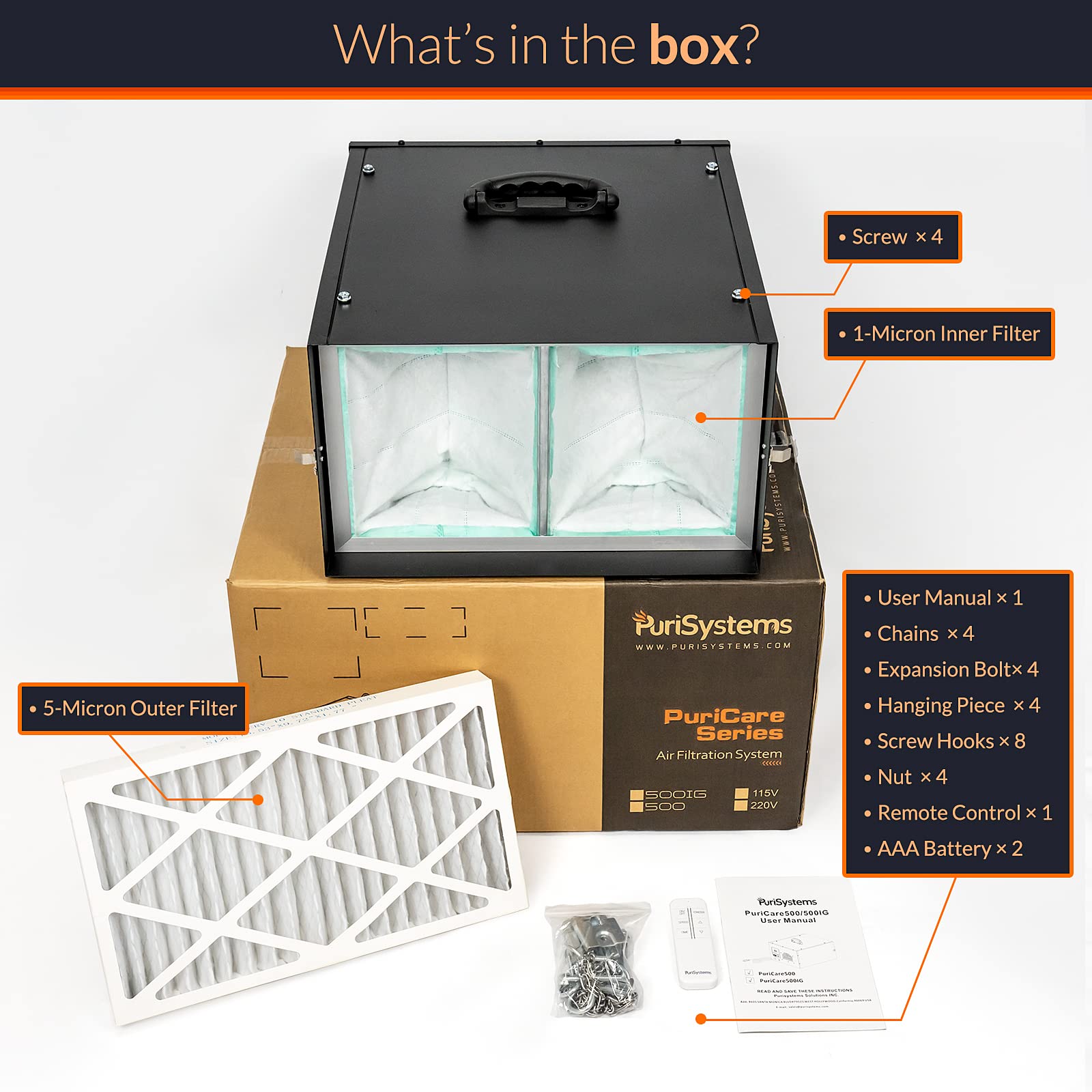 Purisystems - Sistema de filtración de aire remoto de 3 velocidades, filtro de aire colgante PuriCare 500 con control remoto RF para carpintería, purificador de aire de cochera, colector de polvo,