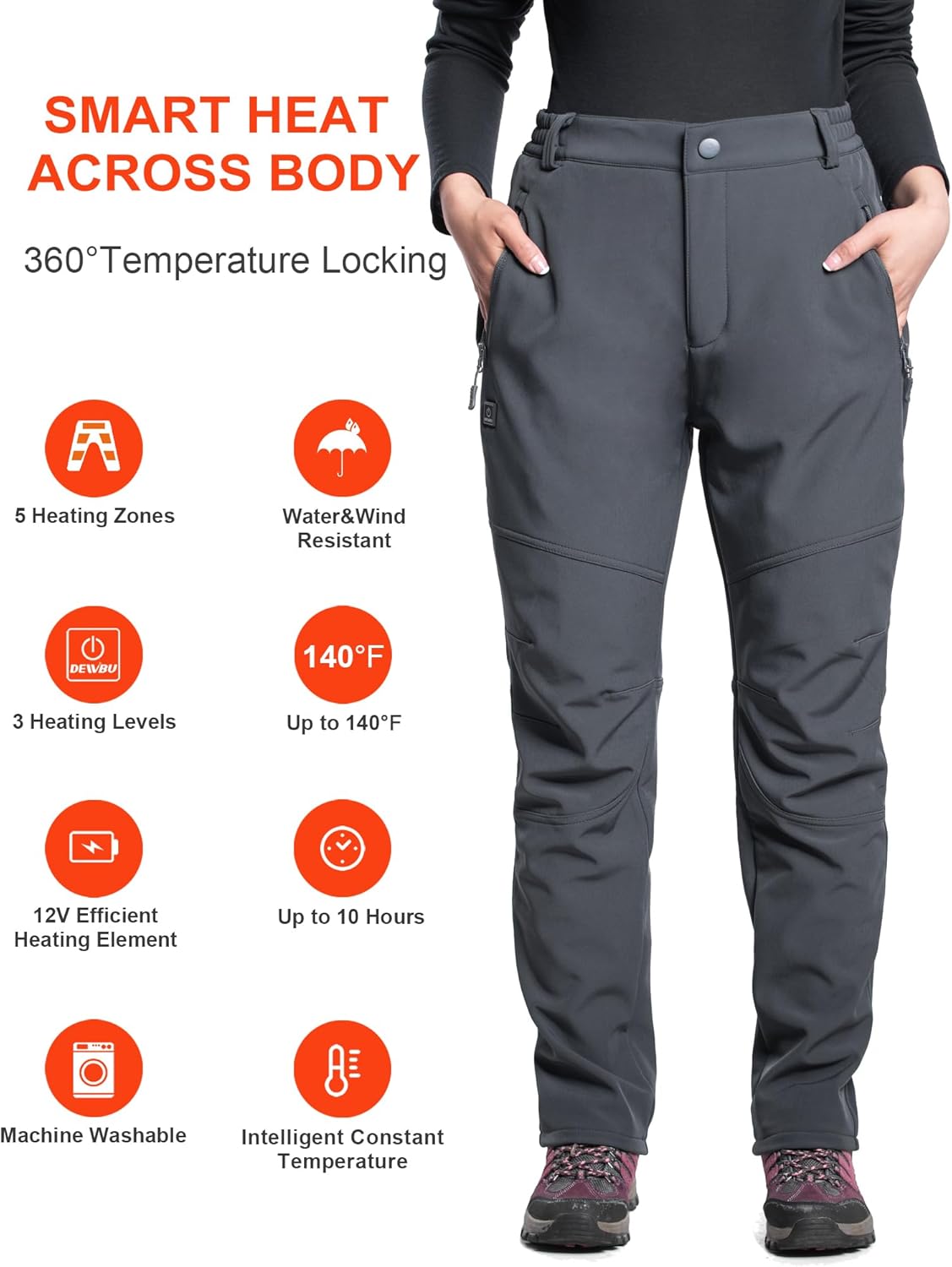 DEWBU Heated Pants for Women with 12V Battery Pack Fleece Lined Outdoor Softshell Pants Electric Heating Trousers - Image 3