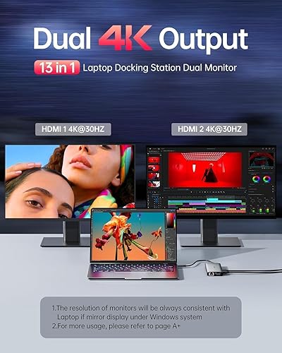 Miniatura 9 de Estación de acoplamiento USB C para laptop, estación de acoplamiento de monitor doble, estación de acoplamiento 13 en 1, 3 monitores con 2HDMI, VGA,