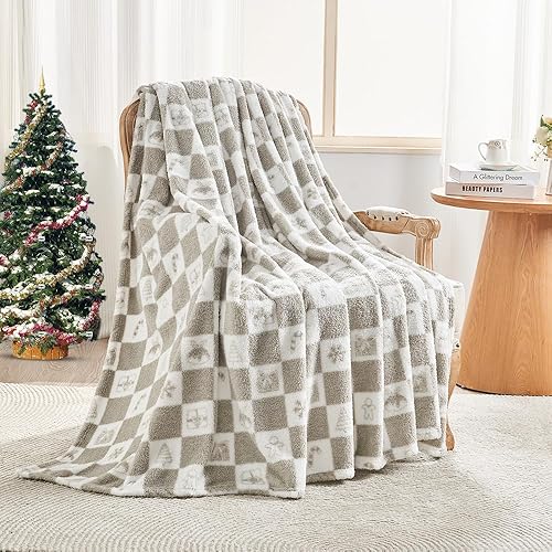 EMME Checkered Blanket Throw - 50"x60" Grey Knit Blanket Soft Fluffy Patterned Blankets for Couch, Sofa, Chair, Bed, Camping, Picnic, Travel