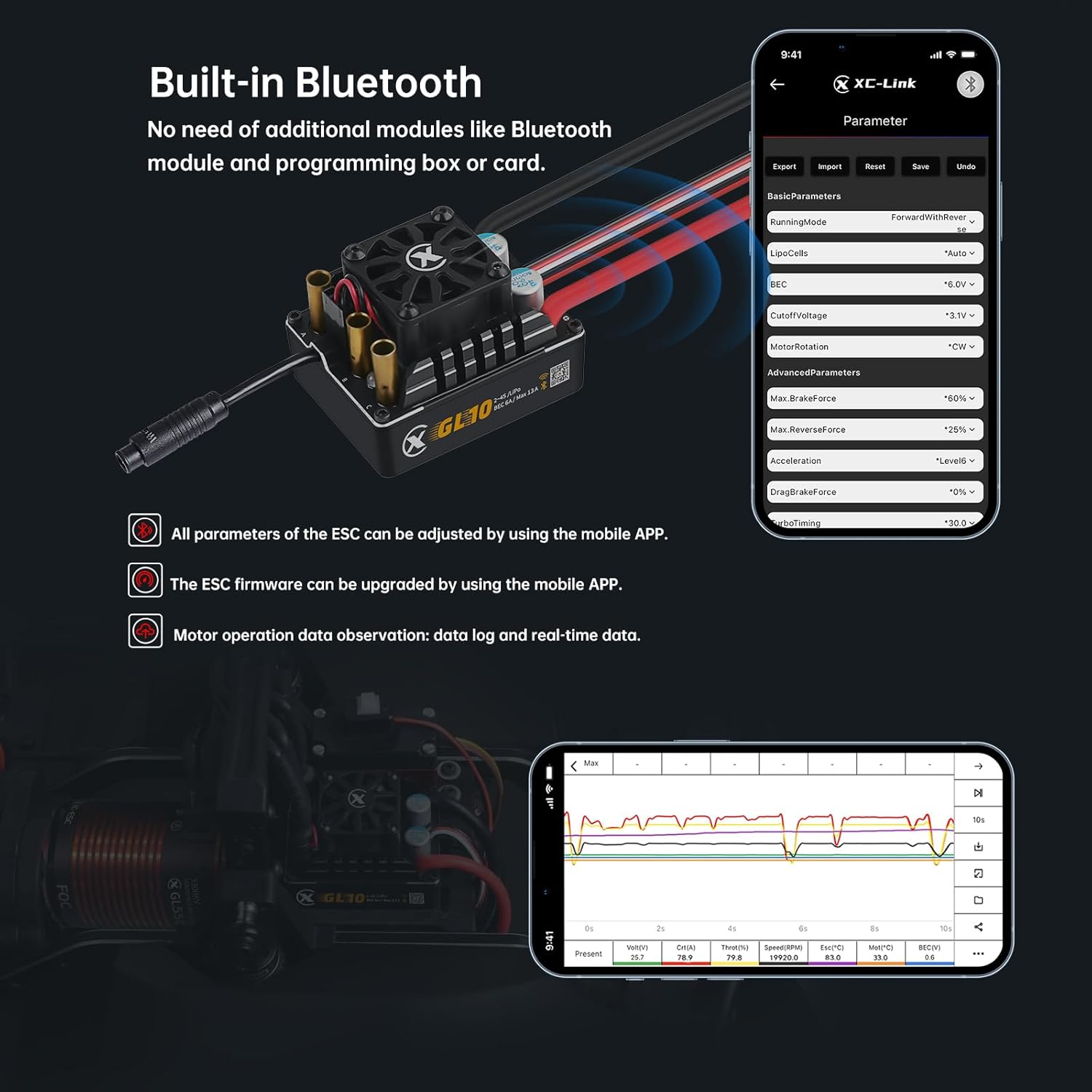 XC GL550&GL10 APP Controls Sensored Brushless Motor and FOC ESC Combo,80A Current,2-3S Lipo,6.0/7.4V BEC,IP67 Water Proof,3300KV FOC Motor,Applicable to:1/10 1/8 Crawler Off Road - Image 5
