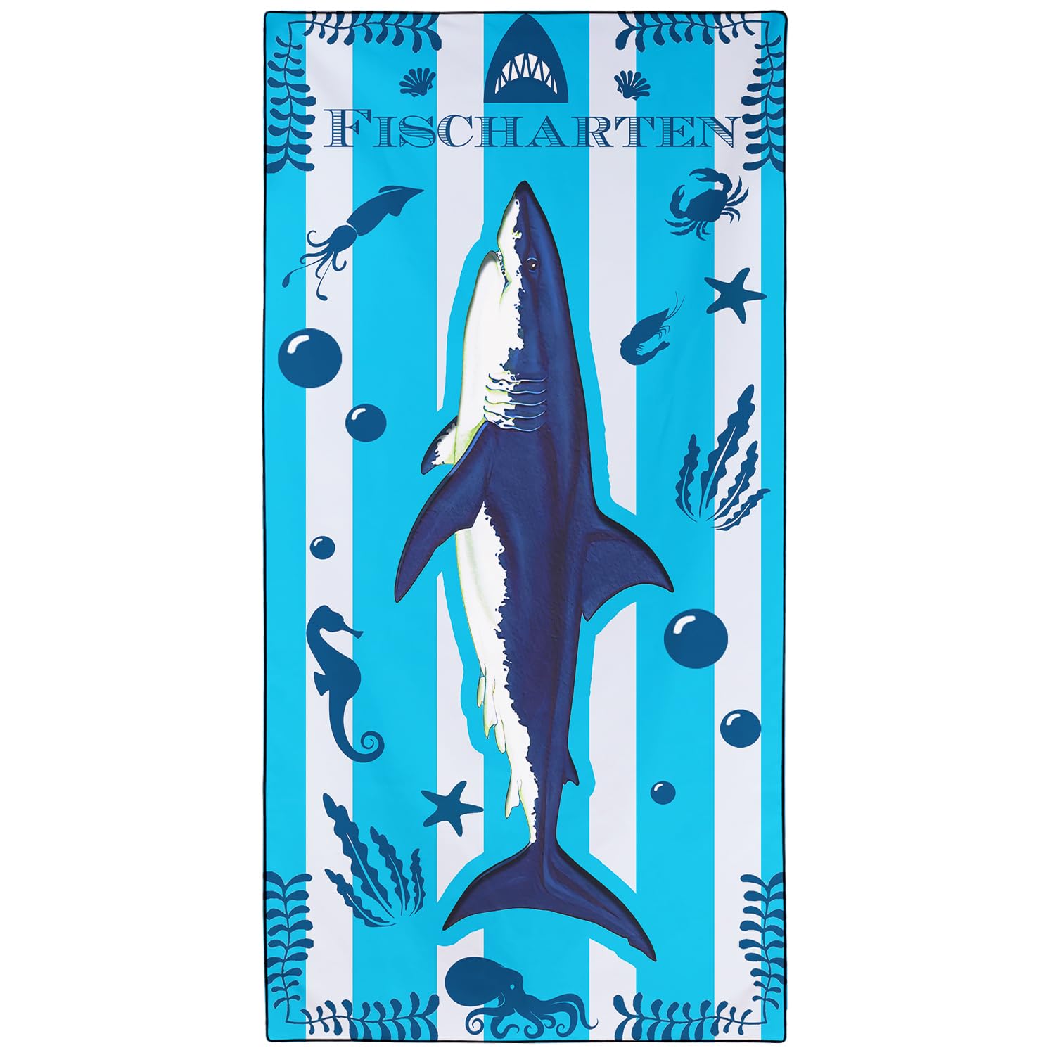 Violetpos Blue Stripe Great White Shark Beach Towel, Extra Large 180x90 cm 250GSM Microfibre, Sand Free Quick Dry, Ideal Vacation Gifts with Carry Bag for Pool Cruise Camping