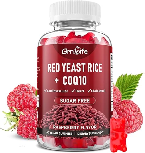 Arroz de levadura roja con gomitas Coq10, suplemento de arroz de levadura roja, sin azúcar, sabor a frambuesa, 60 unidades