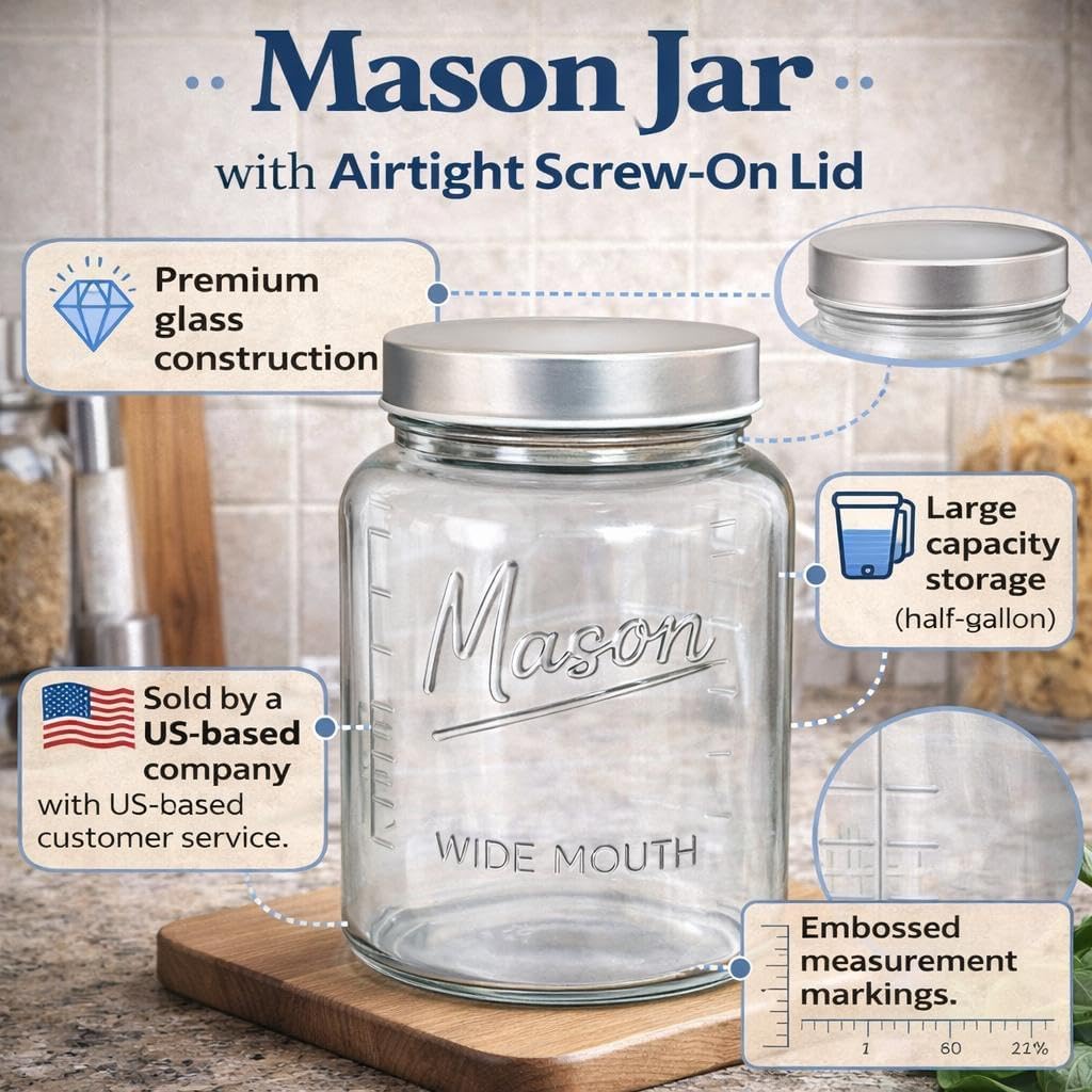 Kitchentoolz 64 oz Mason Jars Wide Mouth 2-Pack – Half Gallon Glass Jar with Lid – Large Mason Jars with Lids for Food Storage, Canning, and Fermenting - Image 2
