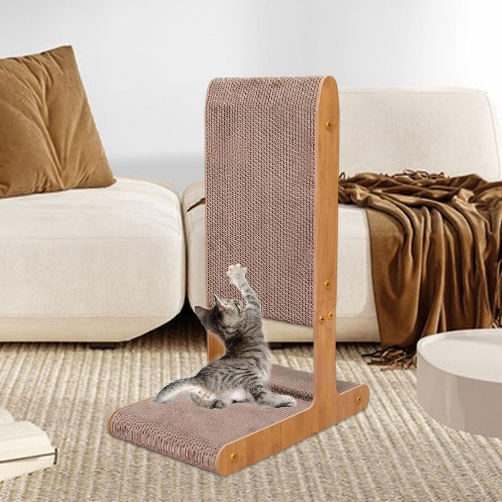 Kratzbaum Vertikal Und Horizontal Nutzbar Als Kratzbrett Katzenbett Und Kratzpad Aus Wellpappe mit Holzstruktur Und Spielzeug für Junge Katzen, Style A