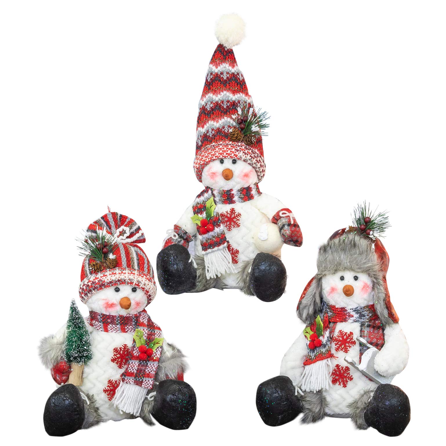 Hanna's Handiworks Frosted Cranberry Snowman Sitter Red 12 x 8 Fabric Holiday Figurines Set of 3