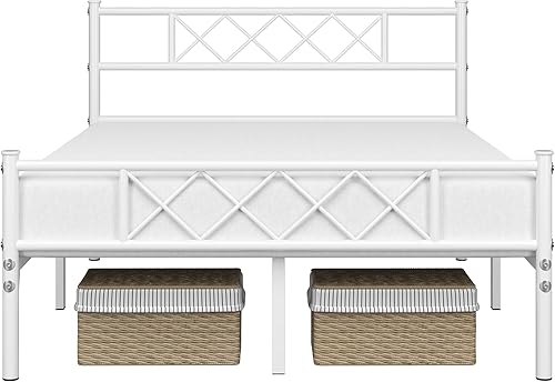 Miniatura 82 de Topeakmart Base de cama de metal negro con cabecero, base de colchón, cama de plataforma, base de cama con listones, tamaño individual Negro -,Blanco