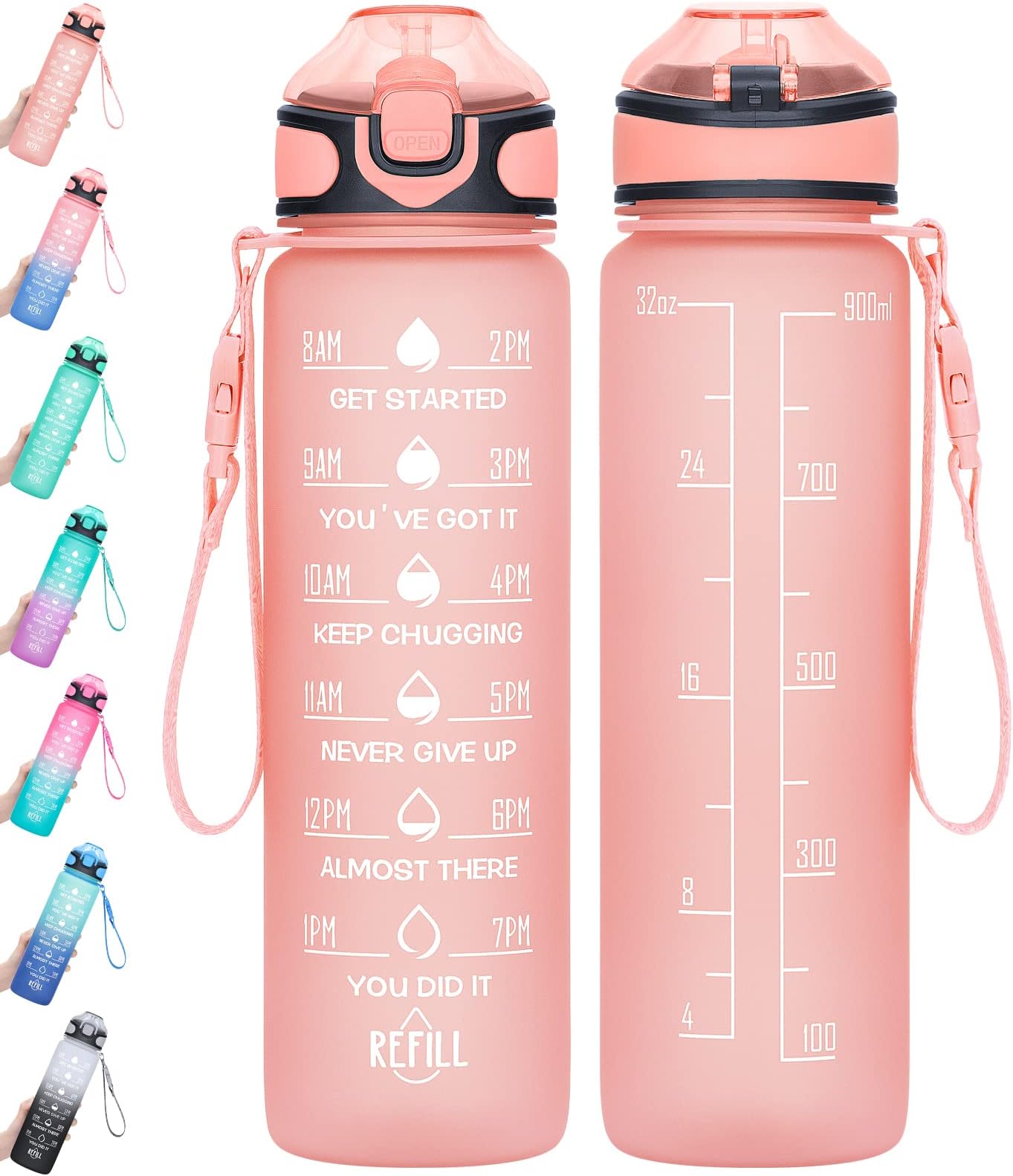 Water Bottle 32oz with Straw, Motivational Water Bottle with Time Marker & Buckle Strap,Leak-Proof Tritan BPA-Free, Ensure You Drink Enough Water for Fitness, Gym, Camping, Outdoor Sports