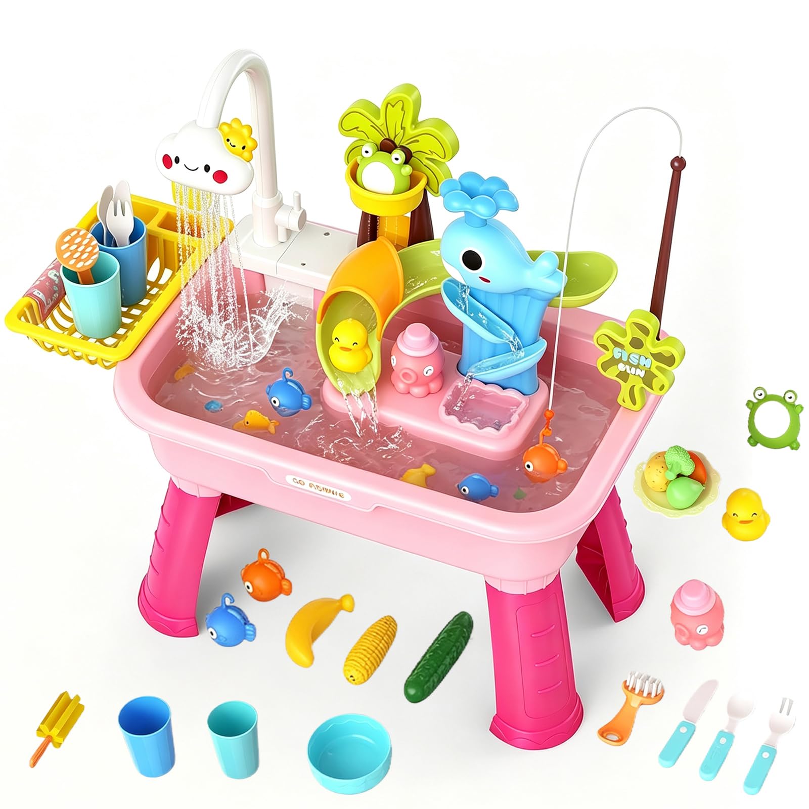 DUDUPIE Electric Water Table for Toddlers 1-5, Kids Play Sink with Running Water & Cloud Faucet, Sensory Toddler Water Activity Table with Fishing Game, Outdoor/Indoor Toy Gift for Boys & Girls (Pink)