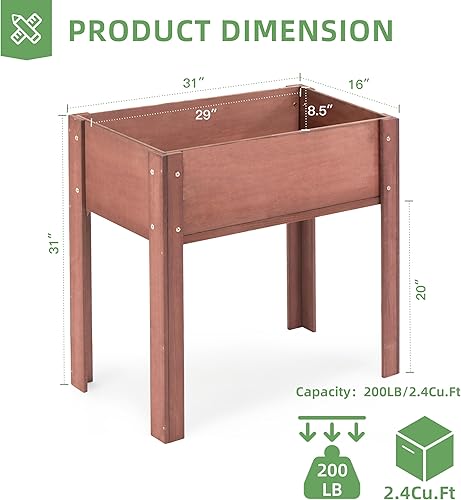 Miniatura 3 de Cama de jardín elevada de 31 x 16 x 31 pulgadas con patas, maceta de madera elevada para plantas al aire libre, flores, frutas, verduras y hierbas