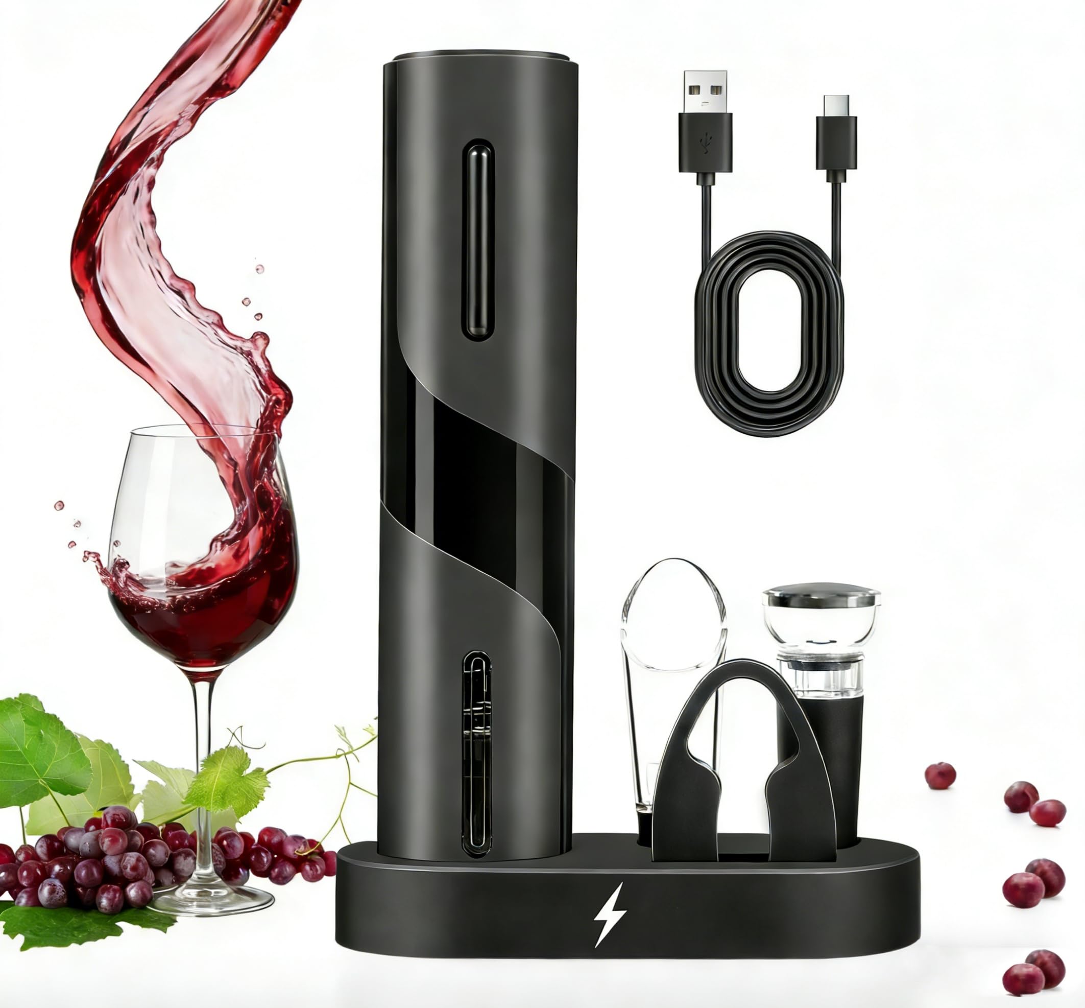 PEIPU Electric Wine Opener Set, Rechargeable 6-in-1 Wine Gifts for Wine Lovers with Charging Base, Foil Cutter, Wine Aerator Pourer &amp; Vacuum Stoppers (Light Black)