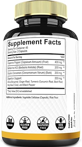 Miniatura 7 de Suplementos de pimienta de cayena con raíz de curcumina de cúrcuma, berberina HCl, corteza de canela de Ceilán y más - 90 cápsulas - Apoya la salud