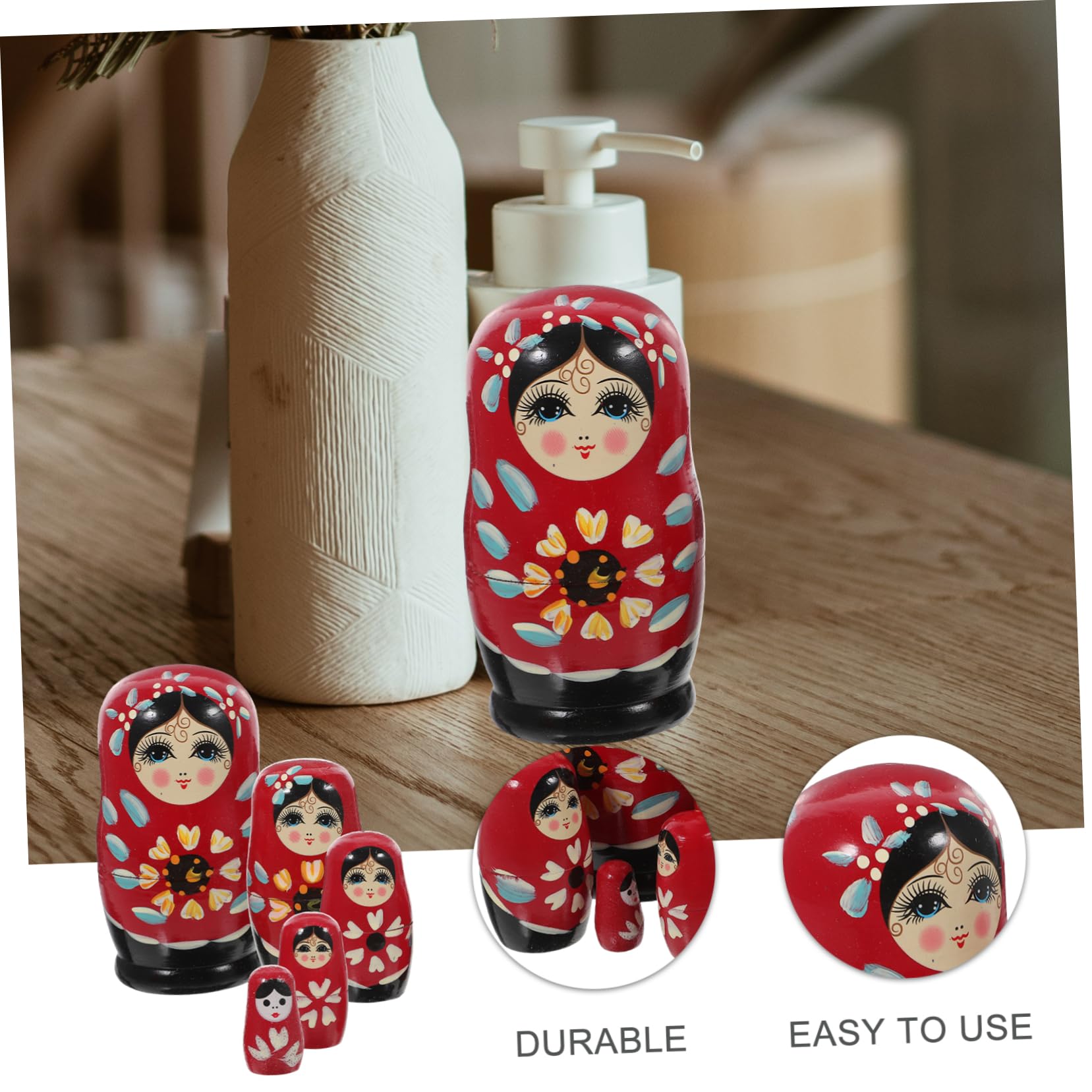 Garneck Set De Poupées Russes Matriochka Bois Peintes Main Jouets Garçon Fille Décoration Maison Rouge Jeu Educatif Bambins