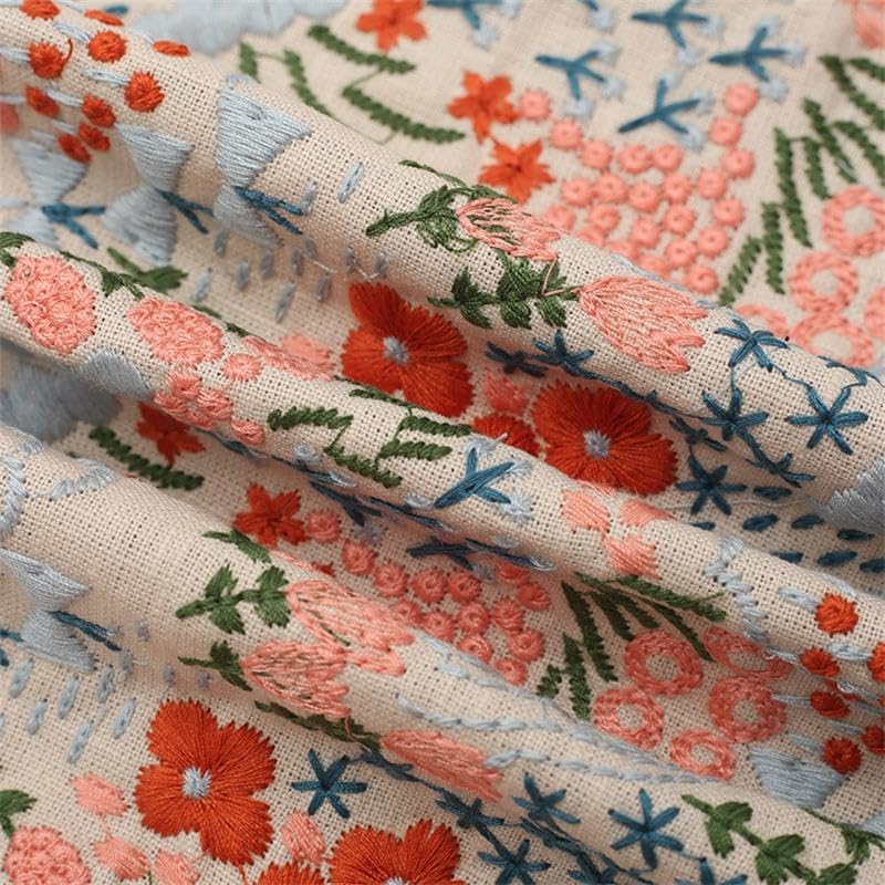 Tissus Couture Tissu brodé de fleurs en coton et lin, tissu à coudre, fabrication robes vêtements(White)