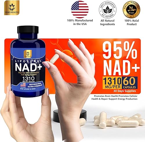 Miniatura 2 de Liposomal NAD+ 1310 mg, equivalente a ribósido de nicotinamida con trans-resveratrol 300 mg, suplemento halal NAD premium para metabolismo