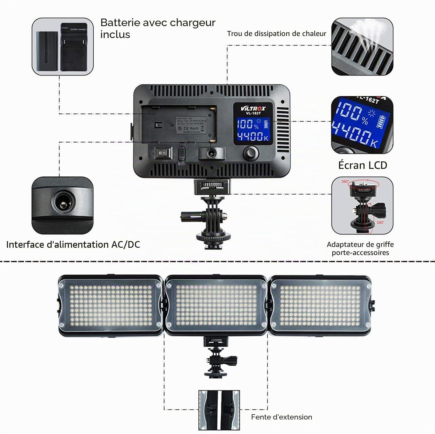 VILTROX VL-162T Lumière Vidéo LED Bicolore 3300K-5600K CRI95+ Dimmable Studio Photo Eclairage pour Caméra Caméscope avec Batterie et Chargeur