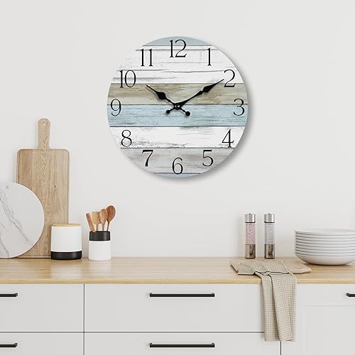 Miniatura 5 de HYLANDA Reloj de pared de 12 pulgadas, funciona con pilas, silencioso, sin tictac, relojes de madera decorativos para cocina, baño, dormitorio, sala