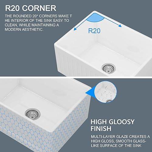 Miniatura 3 de Fregadero de cocina de cerámica de 24 pulgadas, fregadero frontal reversible blanco con delantal, fregadero de cocina de un solo tazón con rejilla