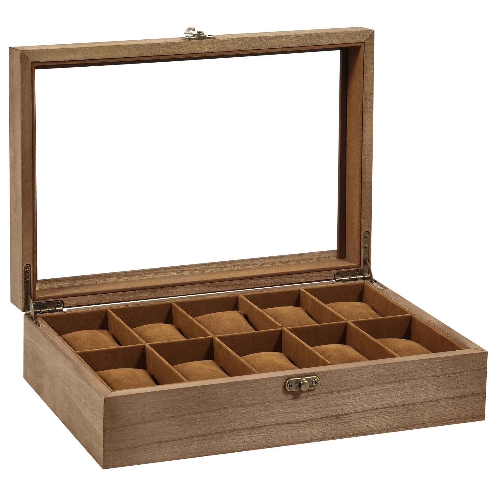 Uten Watch Box 10 Slots, Solid Wood Watch Case with Glass Lid, Metal Clasp, Watch Display Storage Box for Men and Women, Removable Silk Cotton Pillow, Brown Lining, Gift Idea for Watches, Jewelry