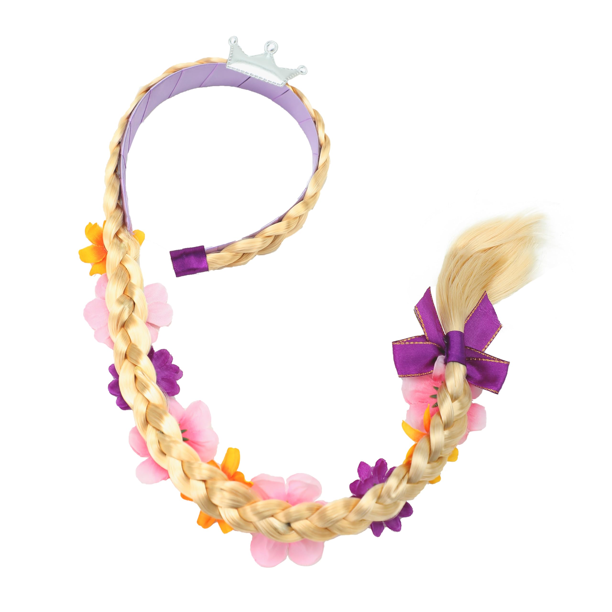 Rabtero Girls Halloween Costume Wig, Rapunzel Hair for Toddler Girls, Tangled Wig Braid Headband with Tiara and Colorful Flowers, Princess Dress Up Wig for Birthday
