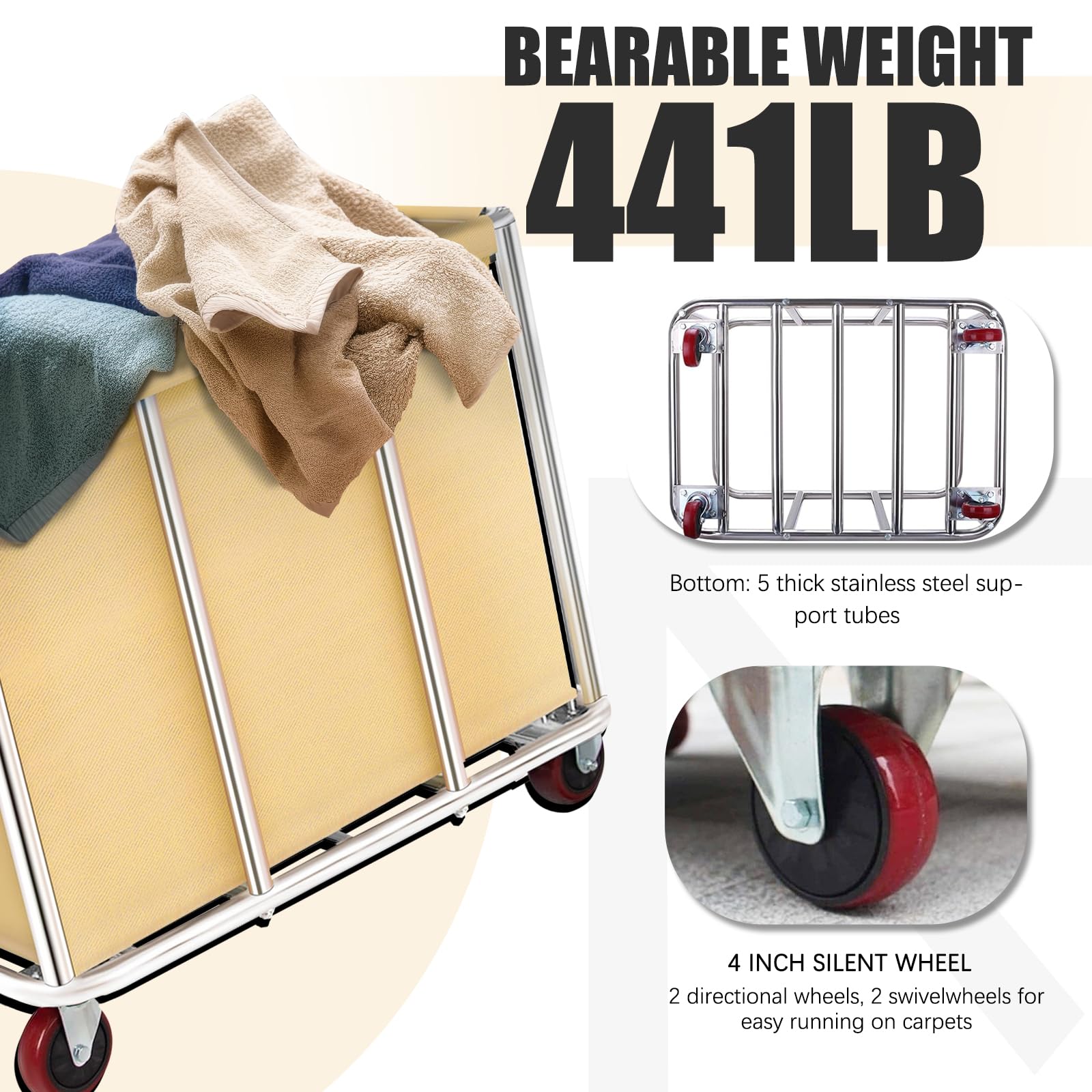 Carrello per lavanderia pesante commerciale, grande carrello portaoggetti in acciaio inox con ruote, cesti di rotolamento, camion con fodera rimovibile in tela per Lndustrial/Home 400L