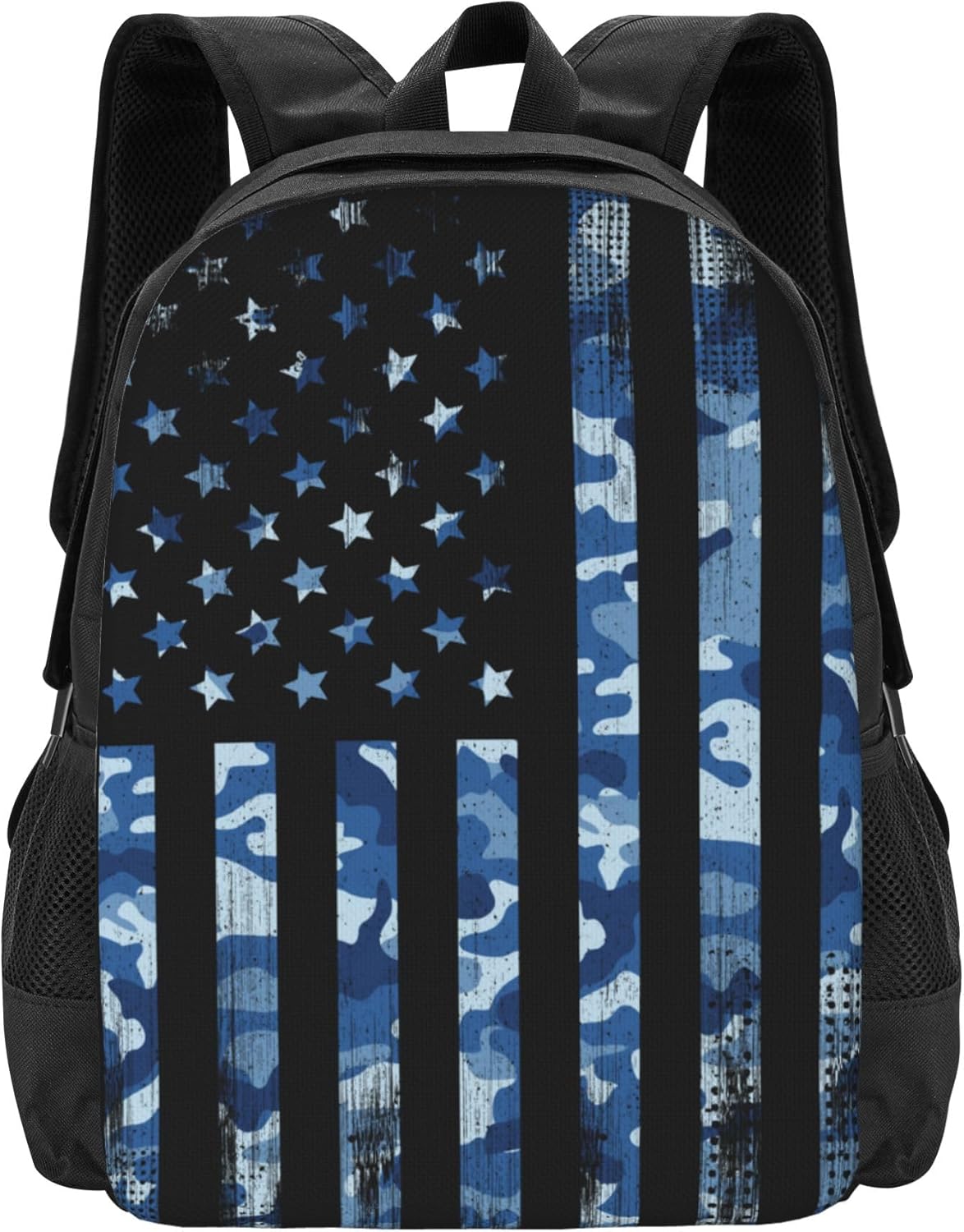 Blue Camo Backpacks with American Flag Style for Kids Boys Girls for School Travel, Custom Book bags with Name/Text for Teens Adults Women Men, Personalized Daypack Travel Rucksack Laptop Bag