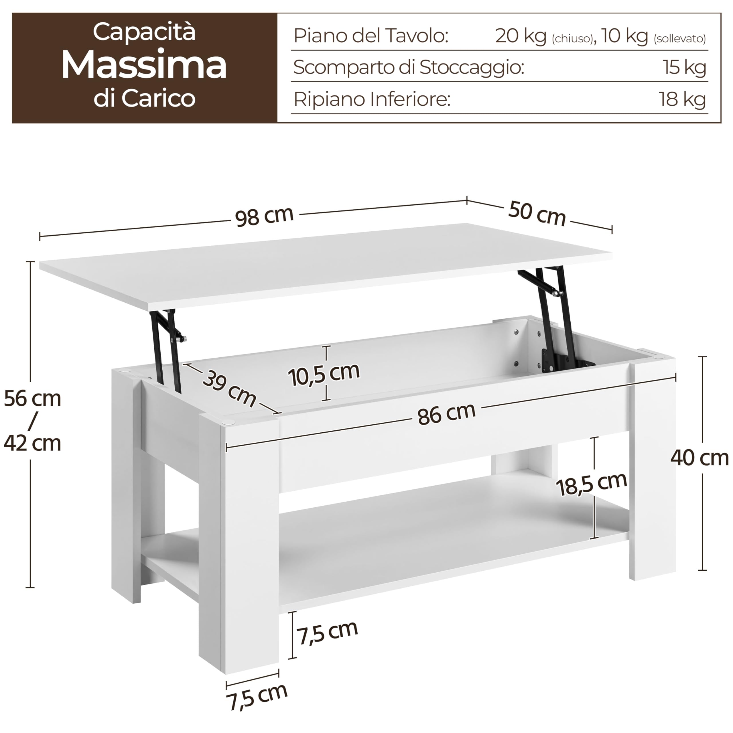 Yaheetech Tavolino da Caffè sollevabile Tavolo Moderno Elevabile da Salotto Divano Caffè con Ripiano Inferiore 98 x 50 x 42-56 cm Bianco