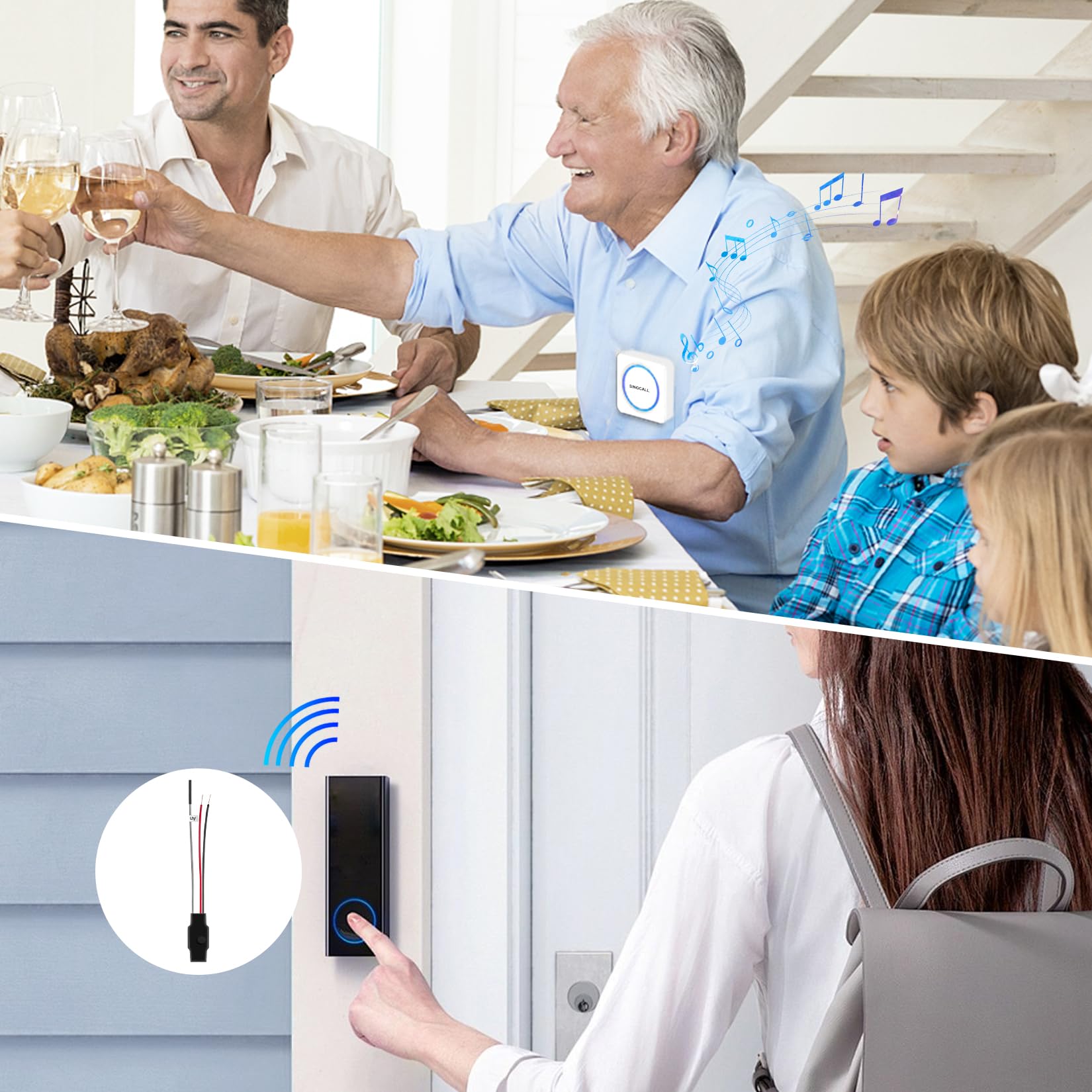 SINGCALL Juego de Extensión de Radio Timbre Inalámbrico Gong para Sistemas de Timbre Existentes con 32 Tonos y Volumen 0-100 dB para Hogar/Garaje/Apartamento,1 Receptor Portátil+1 Convertidor de Radio
