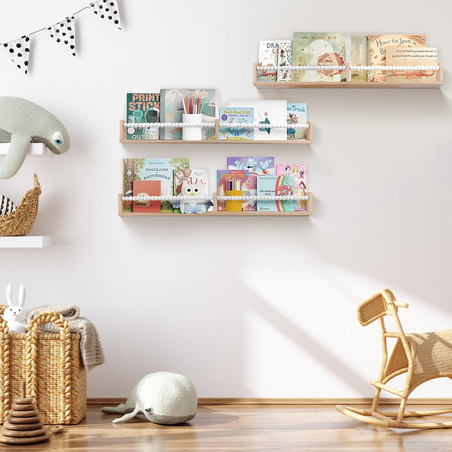 Nursery Bookshelf,Set of 3 White Wood Floating Bookshelf for Kids,Nursery Shelves for Wall,Bathroom Decor, Kitchen Spice Rack (White 3)