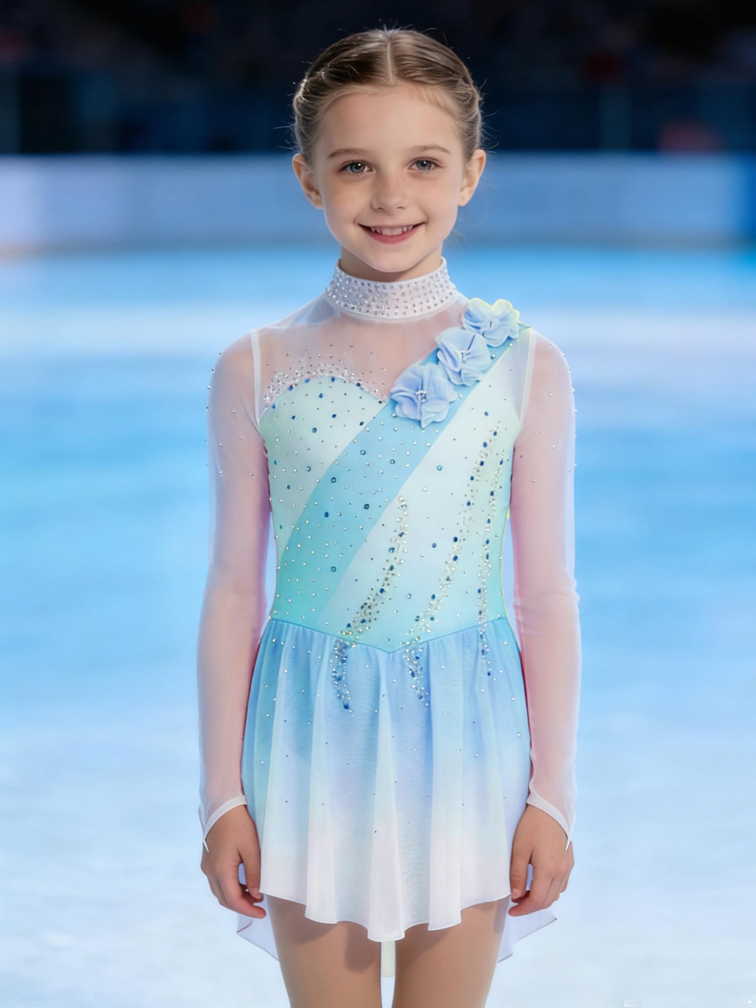 Oyolan Robe Patinage Artistique Fille Tenue Patinage sur Glace Justaucorps Manches Longues Strass Costume
