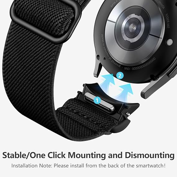 Mastten Elastic Nylon Strap Compatible with Samsung Galaxy Watch 7/6/5/4 Strap 40mm 44mm/Galaxy Watch 6 4 Classic/5 Pro/FE, No Gap One Click Quick Release Sport Band for Women Men, Black