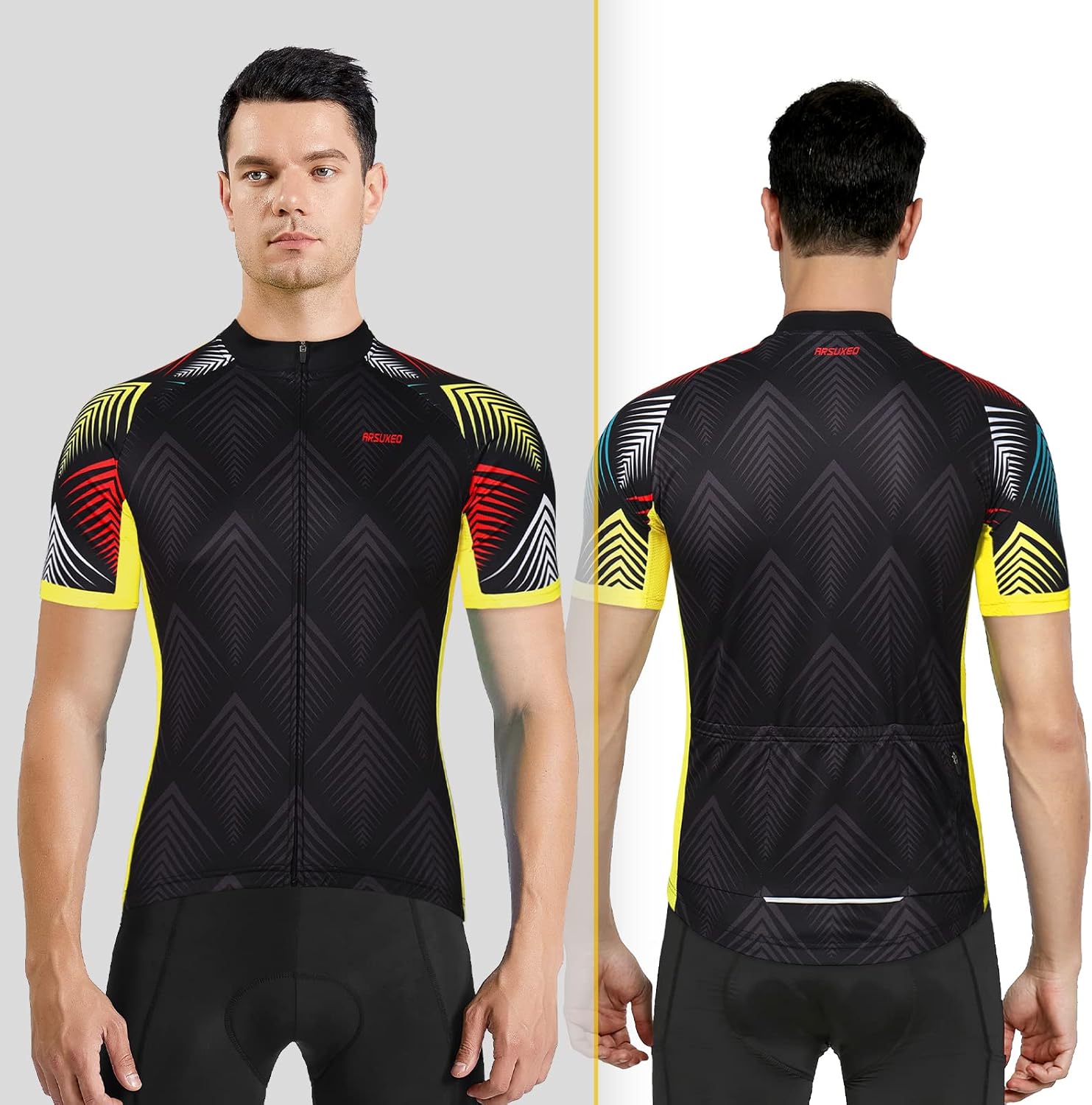 ARSUXEO Men's Cycling Jersey Short Sleeves Mountain Bike Shirt MTB Top Zipper Pockets Reflective - Image 2