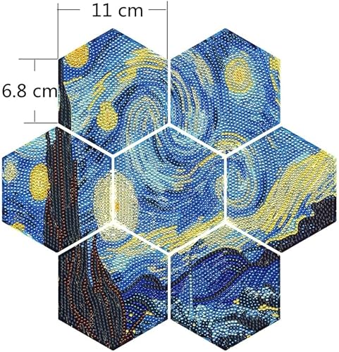 Miniatura 6 de Posavasos de arte de diamante Van Gogh Starry Night, 7 posavasos hexagonales con soporte, pequeños kits de pintura de diamantes para adultos