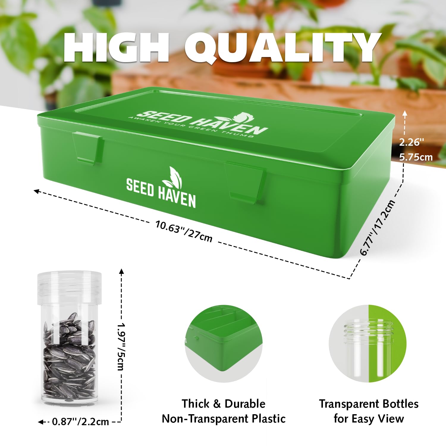 Seed Organizer Storage Box, Green Opaque Light Proof Seed Bank with 60 Transparent Bottles & Labels - Image 3