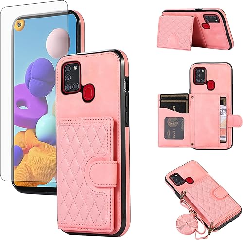 Asuwish Funda de teléfono para Samsung Galaxy A21S con protector de pantalla de vidrio templado y correa cruzada, soporte para tarjeta de crédito,