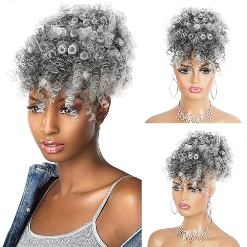 Cola de caballo gris afro con cordón y piezas de cabello rizado, clip en flequillo, extensiones de cabello corto con cordón para mujeres negras disponible en Yaxa El Salvador