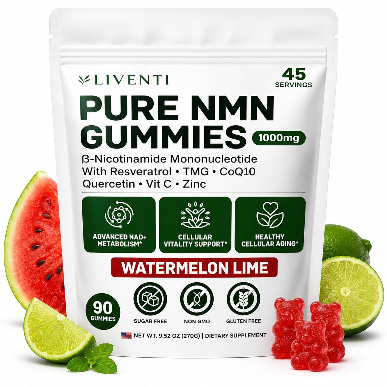 Pure NMN Gummies 1000mg, Watermelon Lime, 90 Count