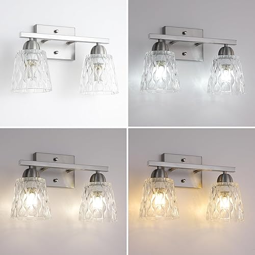 Miniatura 4 de Lámpara de tocador de baño de acero inoxidable sobre el espejo, 2 lámparas de baño de níquel cepillado con pantallas de vidrio texturizado, montaje