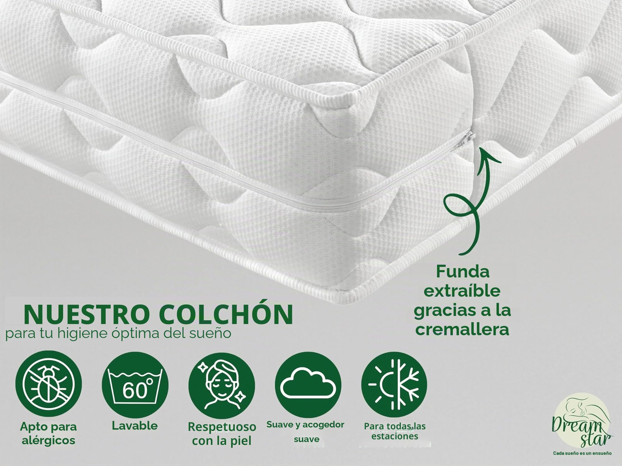 DREAMSTAR Colchón Ergo Flex Duo muelles ensacados 7 zonas 17 cm H2-H3 Öko-Tex 90x200