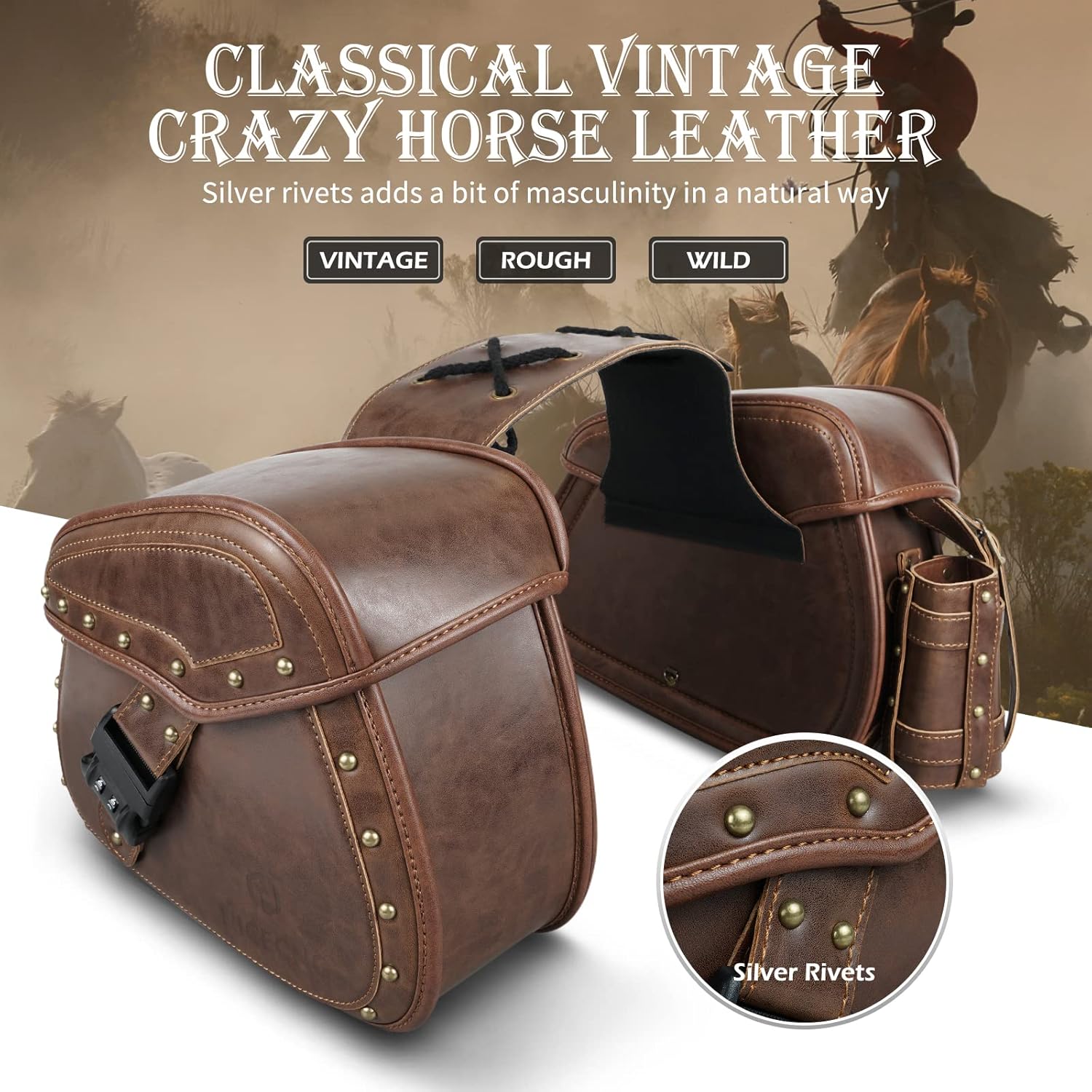 NICECNC Saddle Bags, PU Leather Motorcycle Saddlebags, Reinforced Straps & Saddle Piece, with Cup Holder & Lock, Throw Over Saddle Bag Side Bags, Brown
