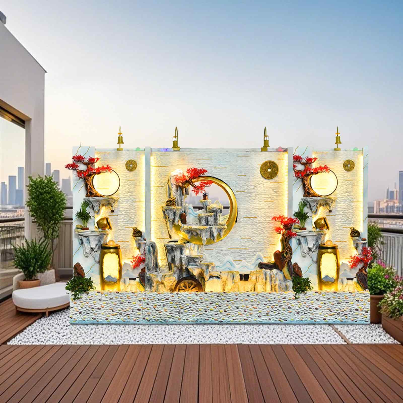 6.7ft Rockery 3-Tier Outdoor Fountain with LED Lights, Decorative Garden Patio Waterfall, White &amp; Ivory Cascading Indoor Fountain Wall(6188+6088+6088)