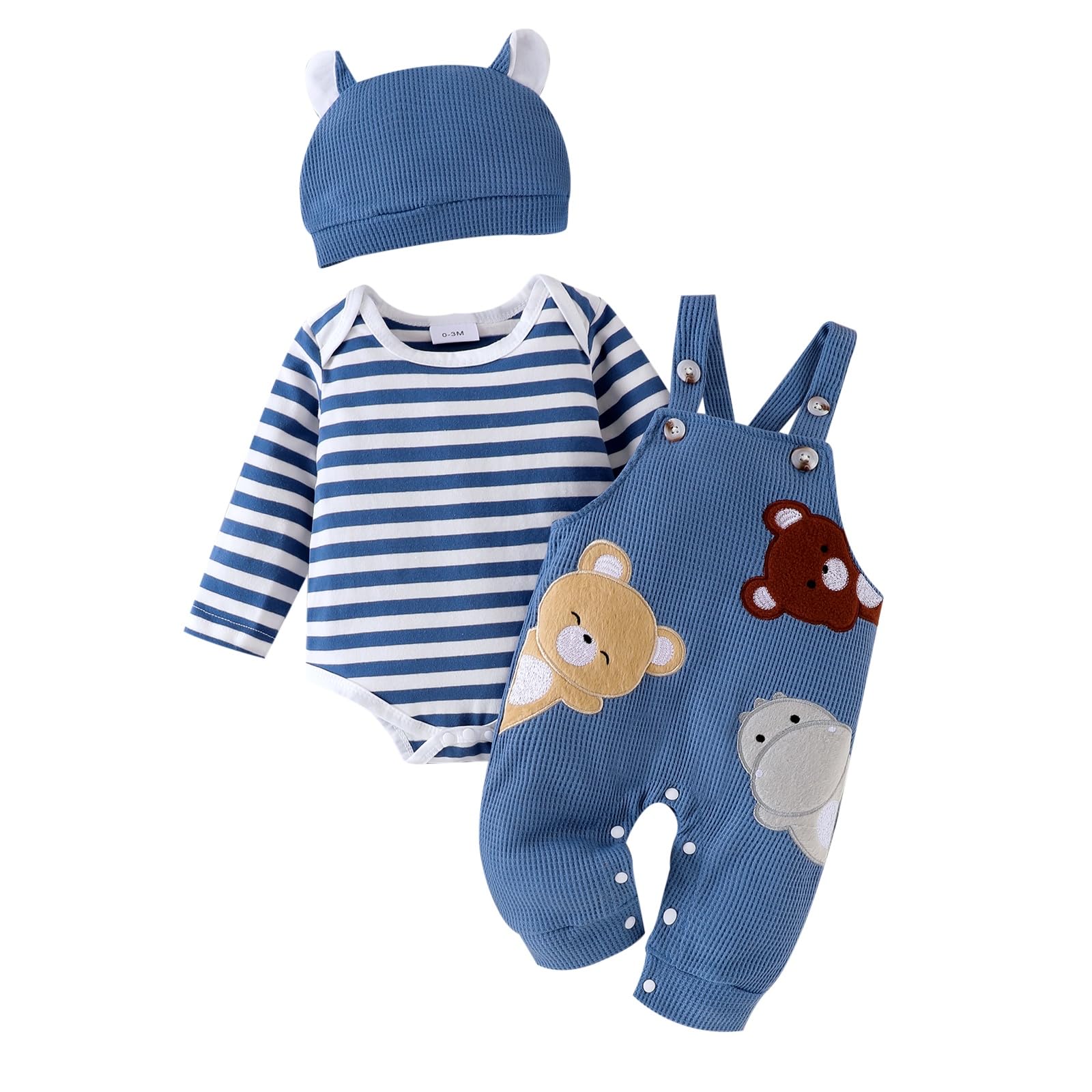 Baby Boy Clothes Newborn Striped Romper Fall Outfits Infant Cartoon Suspender Overall Cute Hat 3 Pcs 0-18 Months